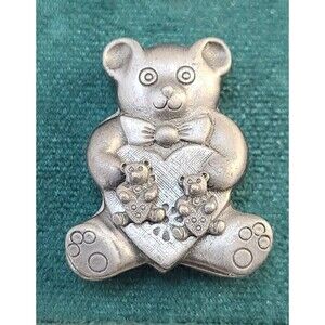 VTG Bear Jewelry Gift Set Pin Necklace Earrings Pewter Heart Charm Cute Animal